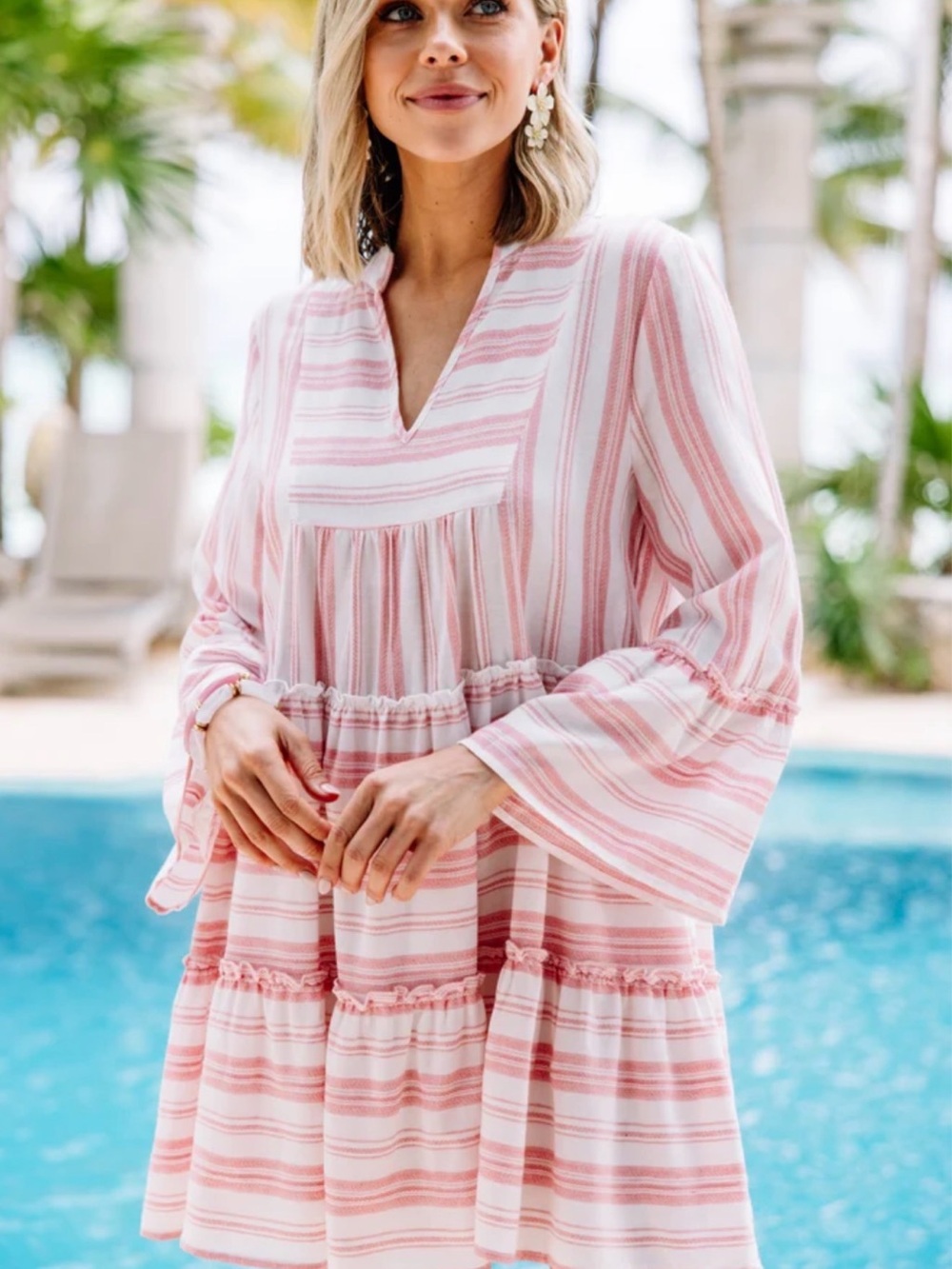 Entro pink and white striped tiered babydoll mini dress